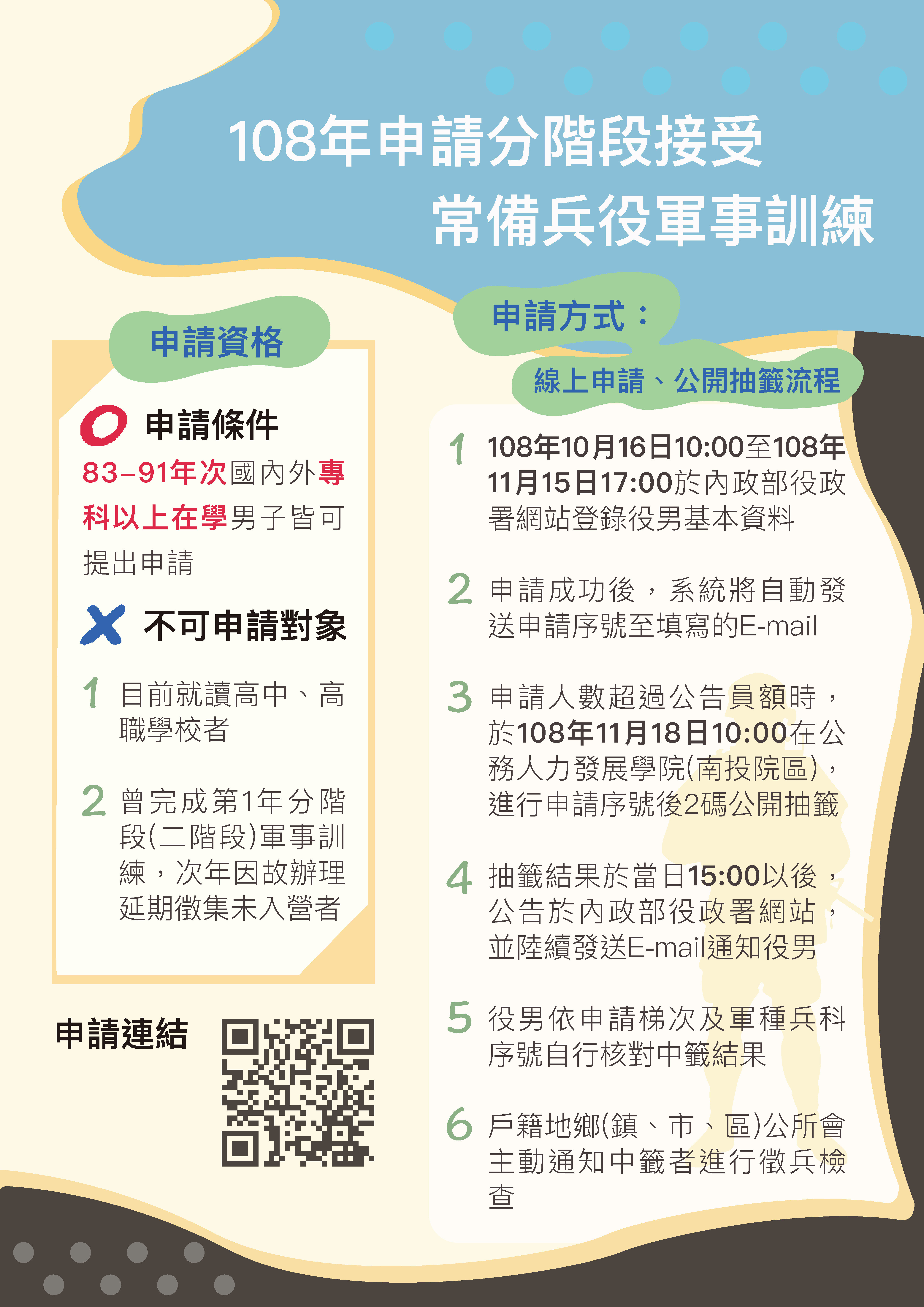 有關108年至91年次在學男子 申請分階段接受常備兵役軍事訓練 如說明 請宣導學生週知 以維學生權益 請查照